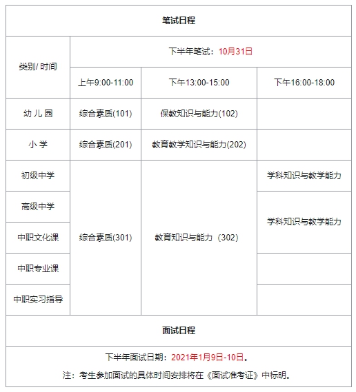 2020年重庆教师资格证笔试时间