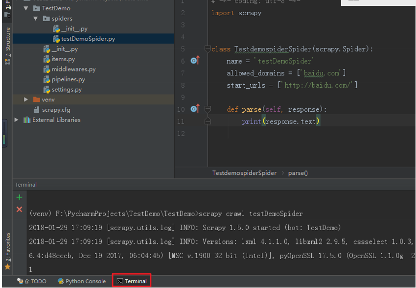 pycharm如何运行scrapy