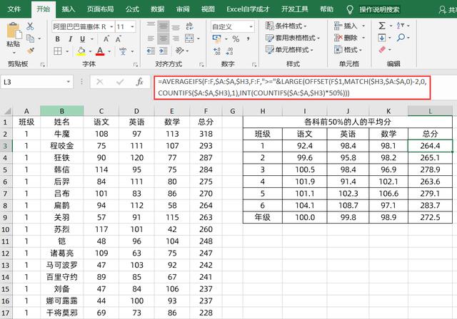 Excel实例挑战 求前50%人数的平均分数