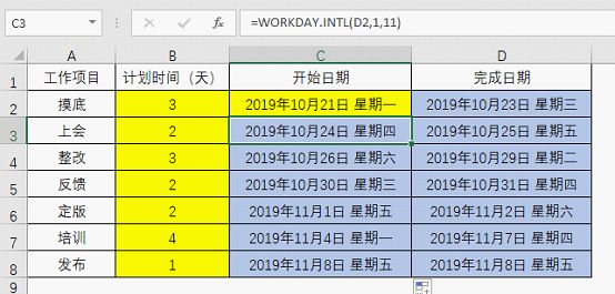 excel计算时间函数以及如何计算项目的开始和完成日期